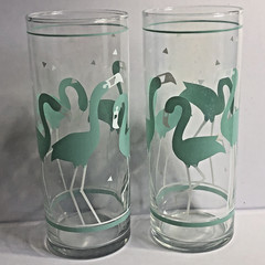 Vintage Libbey Teal Green Flamingo Highball Glass Tumblers 6″ 1970’s Set of 2