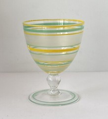 Small Vintage Deco Striped Footed Juice Glass Green and Yellow 3.25”