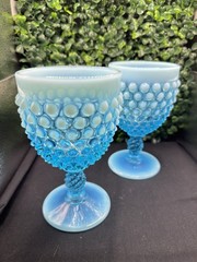 *GLOWS* Vintage Fenton Blue Opalescent Hobnail Goblets – Set of 2