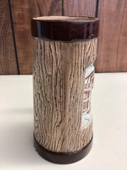 Vintage Unmarked Brown Woodgrain Beer Stein Ceramic Ski Chalet Scene Mug Barware