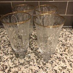 Set 4 Tiffin Cherry Laurel pattern 6 1/2″» Iced Tea Glases Elegant Gold Rimmed