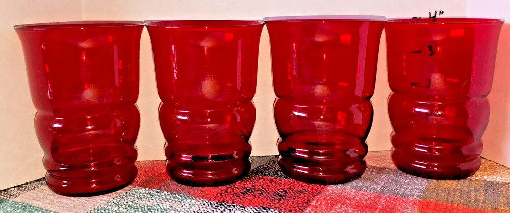 4 VTG ANCHOR HOCKING RUBY RED OLD FASHIONED TUMBLERS 4″ – 8oz