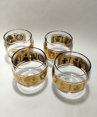 (4) VITO BARI GOLD ROLY POLY Cocktail Glass~CULVER Style Bar Glass~3″x3~22k Gold