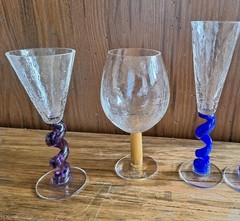 3 Union Street Glass Hand Blown Wine Goblets Signed Gold Purple Cobalt Crackle