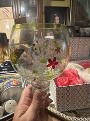 Hand Painted Butterfly Floral Clear Glass Goblet Green Rim 17 oz China