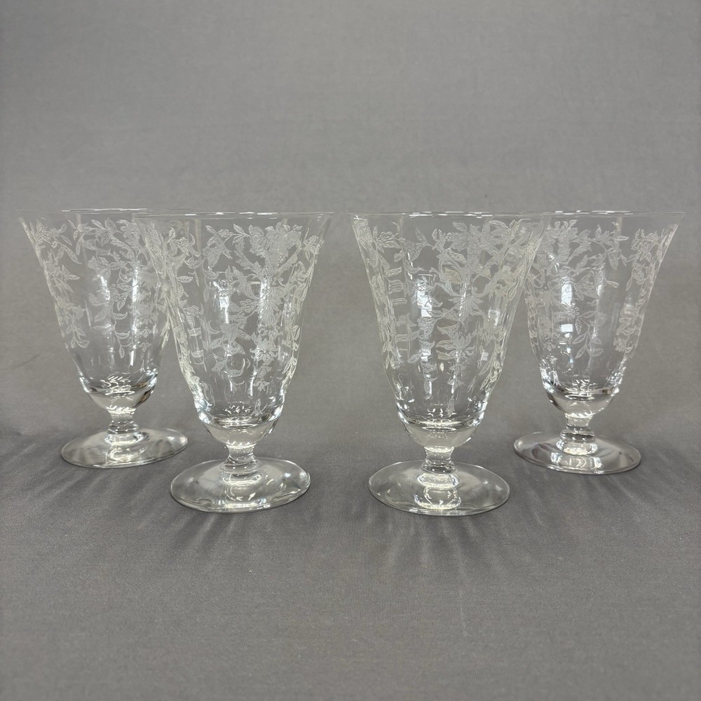 Morgantown Lace Bouquet Iced Tea Glass Water Goblet 5 1/2″ Set of 4 Etched