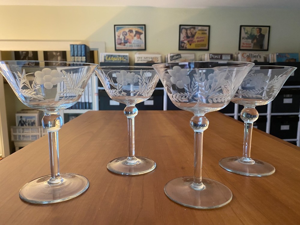 S/4 Vintage Fine Crystal 5.75″ Stemware Etched Flower Leaves- Lovely!