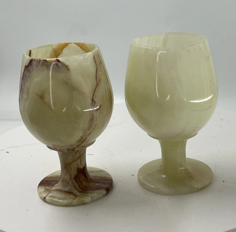 Vintage Onyx Marble Goblets Set of 2 – 4.5″ Hand-Carved Stone Wine Cups – Rustic