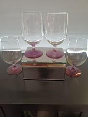 Set of (4) Clear Glass-Short Stemmed-Water Goblets-Lilac Plum Bottoms.