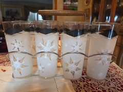 MCM Anchor Hocking Frosted Atomic Snowflake Tom Collins Glasses 8 PC With Caddy