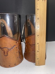Vtg Libbey Bamco Western Longhorn Hand-Tooled Leather Beer Glasses Set 2