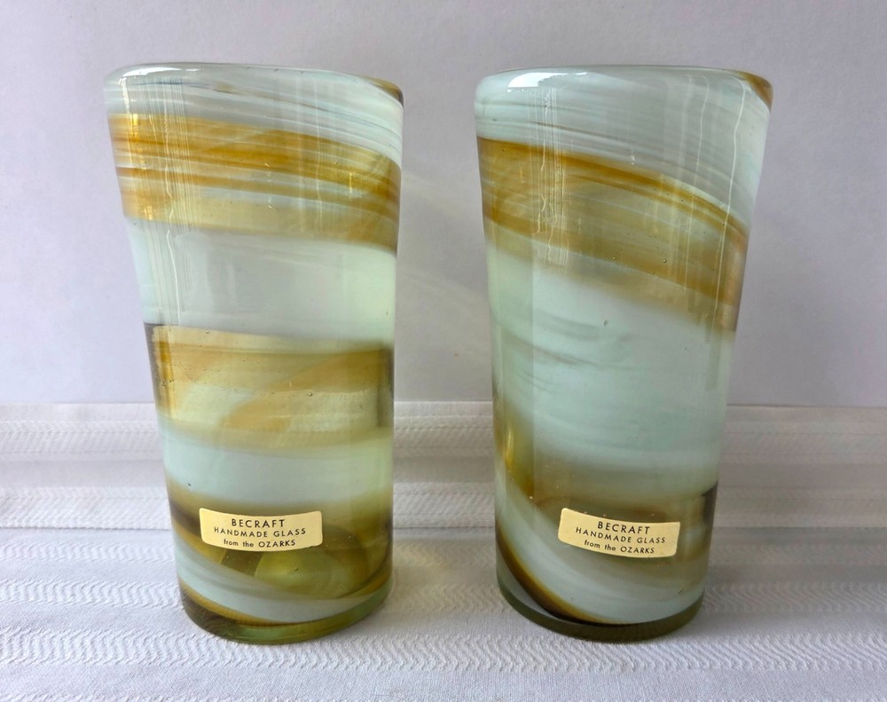 Vintage 1970’s Pair of Becraft Handblown Swirl Art Glass Tumblers – Ozarks – NEW