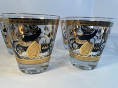 Fred Press Glasses Lowball Cocktail Black Gold Trojan Horse Set Of 4 Vintage