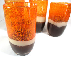 Pier 1 Tumblers 4 Mouth Blown Tri-Color Orange Speckle Cream Brown 16oz Glasses
