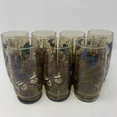 Set of 7 Vintage Anchor Hocking Butterfly Smoke Amber Tumbler Glasses 12oz