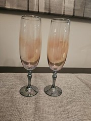 Contemporary Champagne Flutes Knob Stem Pink Blush Bowl Green Iridized Foot 8″