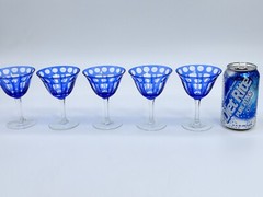 5 Blue Cut To Clear Hand Blown Crystal 4 Oz 4-5/8″ Flared Sherry Wine Glasses