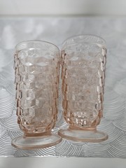 Vintage Pink Depression Glass Cube Block Footed Tumblers Set Of 2 Glasses