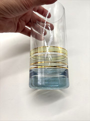 Vintage Light Blue Base Gold & Green Banded Tumbler Set of 3 Glasses Striped EUC