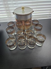 Vintage MCM Culver three Rim Gold Overlay Lowball, Highball Glasses and bucket