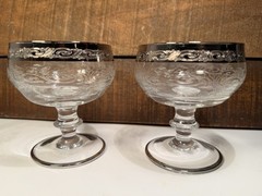 Set Of 2 Platinum Band, Etched Scrolls, Water Stem Champagne Glasses Vintage