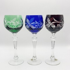 Vintage Lausitzer Cut To Clear Cased Glass Crystal Wine Hock Glasses Grapes x6