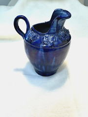 Antique Late 1800s Delicate Blue Drip Glaze Ceramic Pitcher with Period Detail
