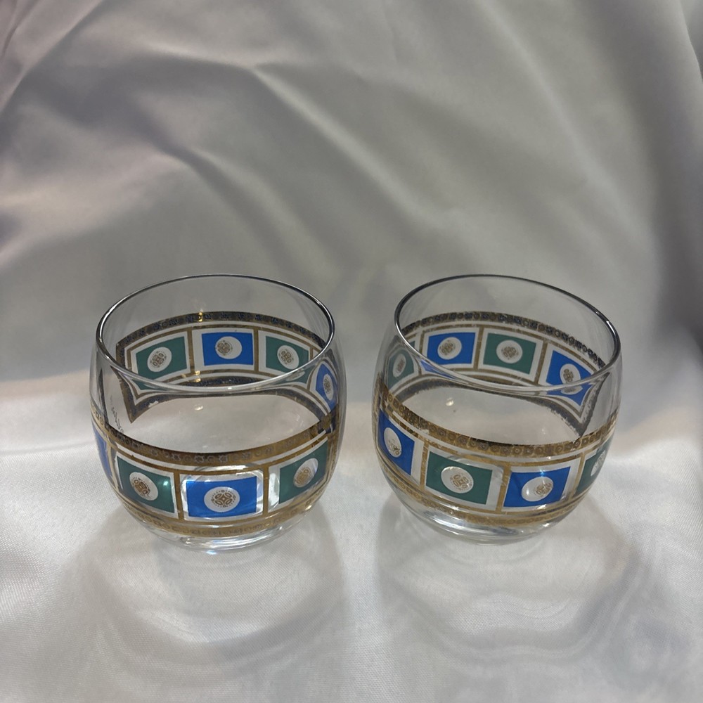 Set of 2 Vintage Culver Roly Poly Blue Green 22K Gold On the Rocks Glasses