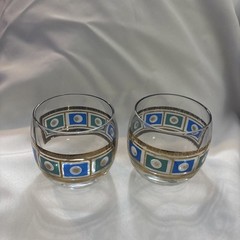 Set of 2 Vintage Culver Roly Poly Blue Green 22K Gold On the Rocks Glasses