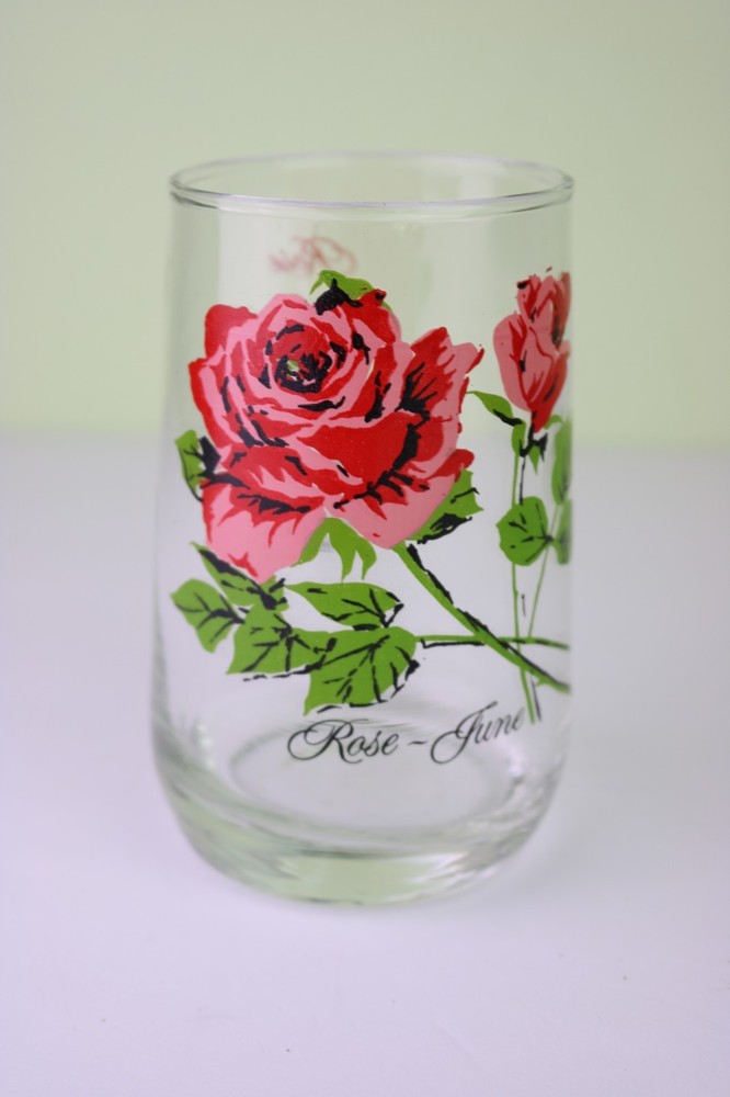 Vtg BROCKWAY Flower of the Month Glass Tumbler Rose June 4 3/4 » Red Pink