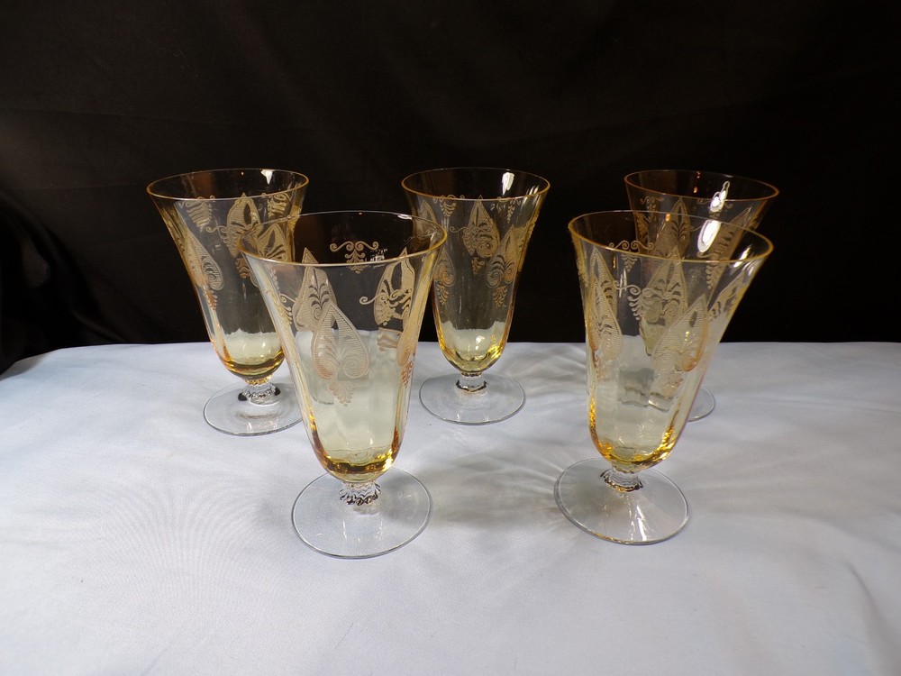 Set of 5 Fostoria Topaz Yellow Glass Trojan Ice Iced Tea Goblets Footed Tumblers