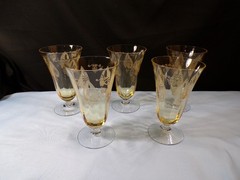 Set of 5 Fostoria Topaz Yellow Glass Trojan Ice Iced Tea Goblets Footed Tumblers