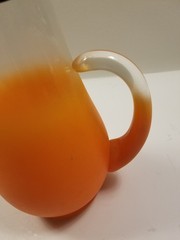 Vintage 50s 60s Blendo Frosted Ombre Orange Pitcher and 2 Glasses w/ Gold Rims