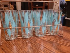 Vintage Hazel Atlas Teal Diamond Harlequin Glasses Set of 8 Caddy Plus 2 Spares