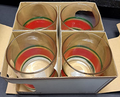 Christmas VTG 4 Culver 4″ Tall Old Fashion Glasses Red Green Gold Striped NIB