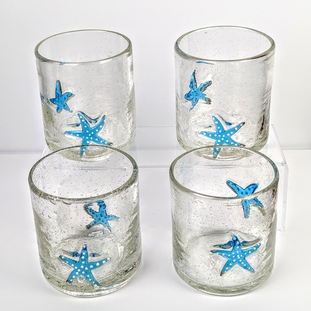 Handcrafted Bubble Glass Drinking Tumbler Embedded Star Charms [Set of 4] 12 oz