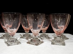 SET OF 7 – Central Glass Works 1451 Pink Glass Panel Optic 5.5″ Footed Tumblers