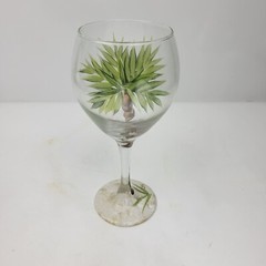 Hand Painted Palm Tree Stem Wine Glass Tropical Sand Beach Signed 8.5″