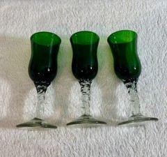 TableEscapeCo Vibrant Green Hand Blown Twisted Stem Cordial Glasses, Set Of 3.
