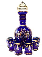 Murano Tre Fuochi Beverage Set 24K Gold Trim Decanter 6 Cordial Glasses Cobalt
