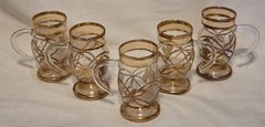 Vintage Egyptian Etched Crystal 24K Gold Enhanced Handled Shot Glasses Lot of 5
