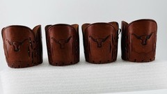 4 Libbey Bamco Western Tooled Leather Coaster Holders Sleeves Longhorn Steer