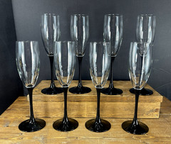8 Vintage LUMINARC Domino Black Stem Flute Glasses, Prosecco Champagne 9” MINT!