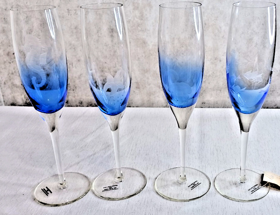 Rare Romanian Crystal Blue Drop Aquatic Etched Champagne Flutes 10″ Rare