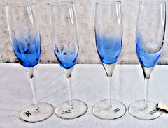 Rare Romanian Crystal Blue Drop Aquatic Etched Champagne Flutes 10″ Rare