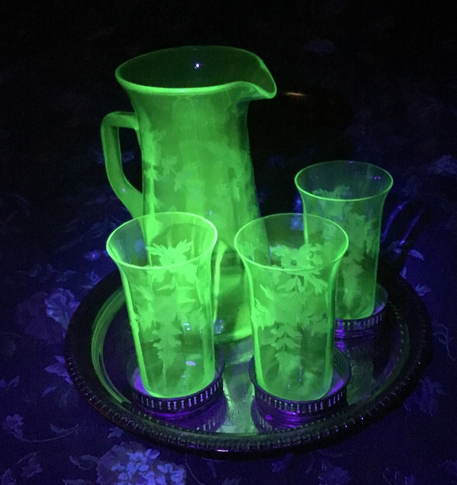 Rare Teal Antique Uranium Signed Hawkes 9” Lemonade Pitcher &3 Tumblers Etched