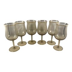 Set of 6 Vintage Tulip Wine Cordial Glasses Translucent Amber Glass Gold Gilt