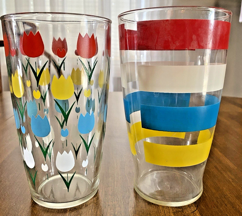 Colorful Tulips / Stripes 30 oz. Glass Tumblers Retro MCM Large Tall – Set of 2