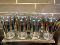 Vtg Mcm Retro Beautiful Set Of 8 Green Turquoise 22kt Gold Highball Glasses