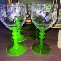 Set of 6 Tiffin Glasses with Etched Designs & Dark Green Uranium Stems Vintage